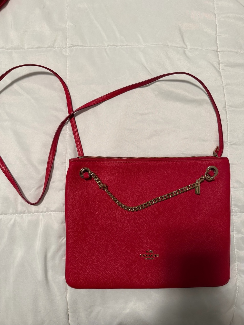Coach Bright Red Pebbled Leather Crossbody with Gold Chain Accent